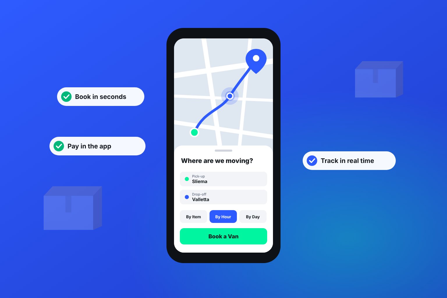 TheVanApp on a phone: choose pick-up and drop-off, pick By Item, By Hour or By Day, then tap Book a Van