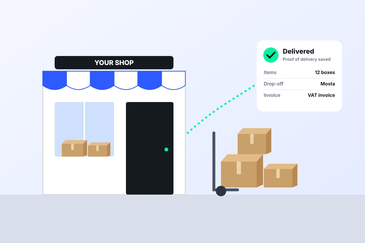 From your shop to your customer: boxes collected and delivered, with proof of delivery and a VAT invoice